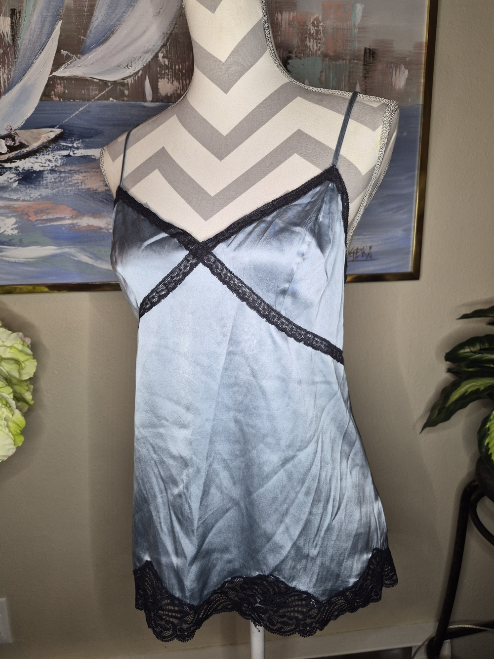 Banana Republic Satin Slip Dress in Slate Blue with Black Trim